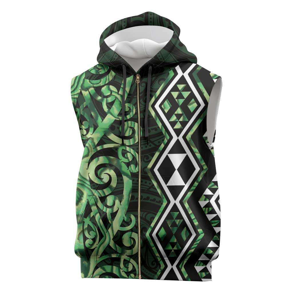 Green Aotearoa Sleeveless Zip Hoodie Taniko Motifs With Paua Shell Kowhaiwhai - Polynesian Pride