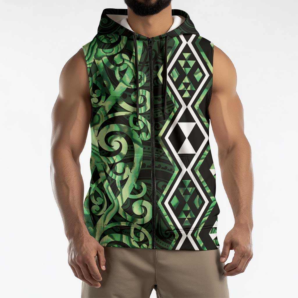 Green Aotearoa Sleeveless Zip Hoodie Taniko Motifs With Paua Shell Kowhaiwhai LT14 - Polynesian Pride