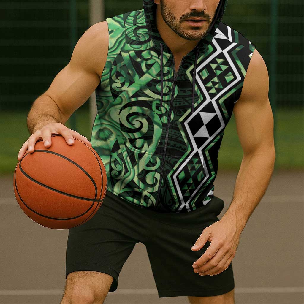 Green Aotearoa Sleeveless Zip Hoodie Taniko Motifs With Paua Shell Kowhaiwhai LT14 - Polynesian Pride