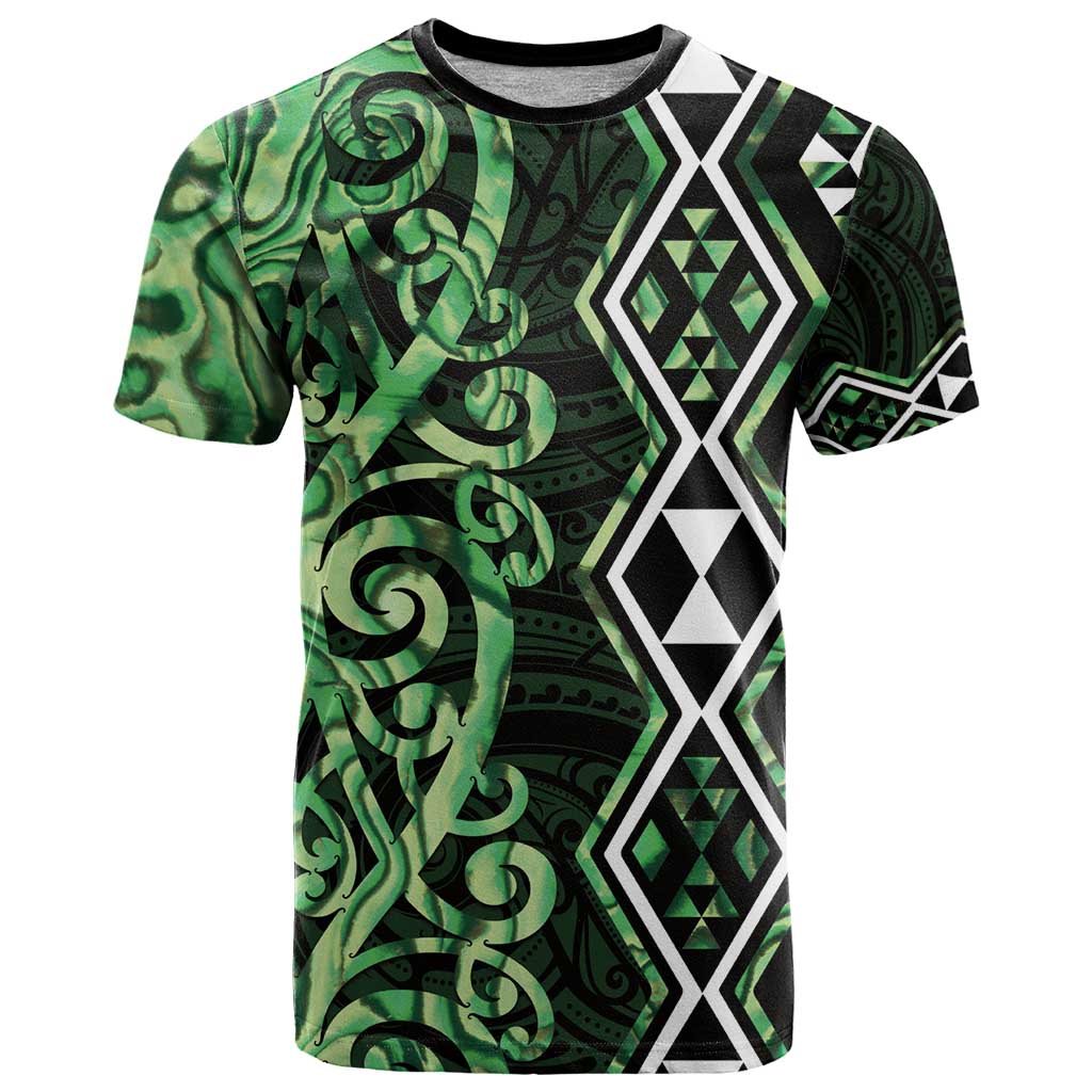 Green Aotearoa T Shirt Taniko Motifs With Paua Shell Kowhaiwhai LT14 Green - Polynesian Pride