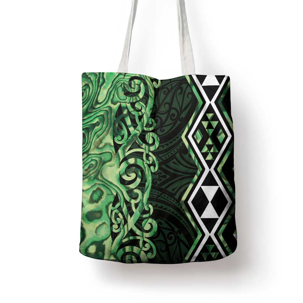 Green Aotearoa Tote Bag Taniko Motifs With Paua Shell Kowhaiwhai - Polynesian Pride