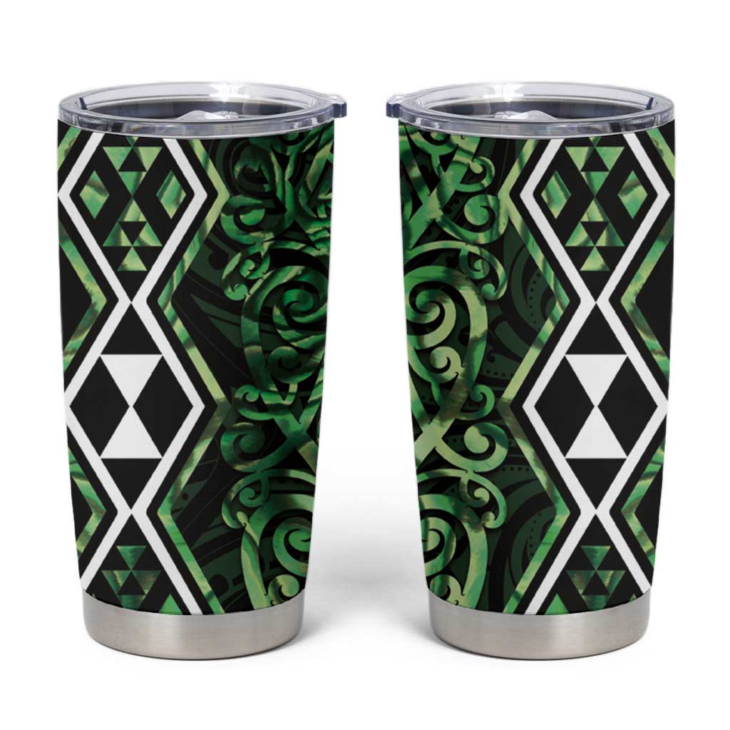 Green Aotearoa Tumbler Cup Taniko Motifs With Paua Shell Kowhaiwhai LT14 Green - Polynesian Pride