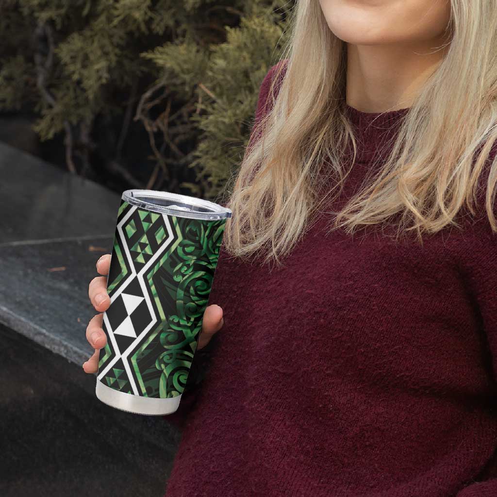 Green Aotearoa Tumbler Cup Taniko Motifs With Paua Shell Kowhaiwhai LT14 - Polynesian Pride
