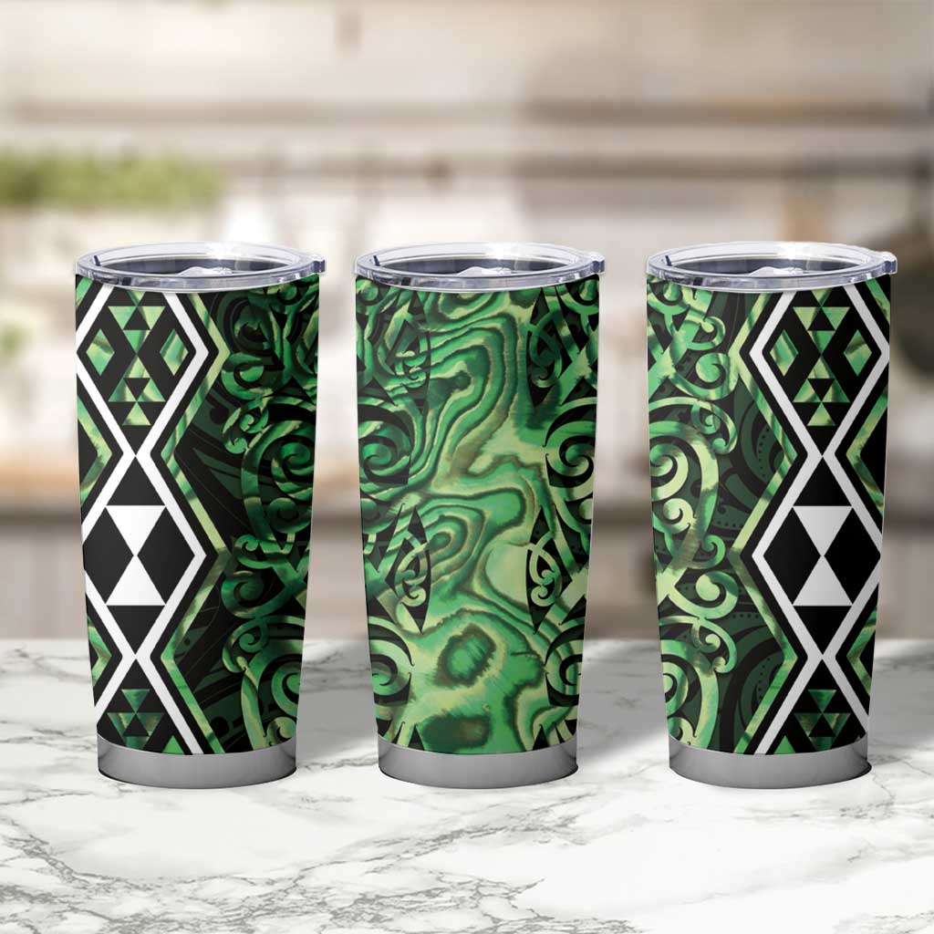 Green Aotearoa Tumbler Cup Taniko Motifs With Paua Shell Kowhaiwhai LT14 - Polynesian Pride