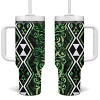 Green Aotearoa Tumbler With Handle Taniko Motifs With Paua Shell Kowhaiwhai