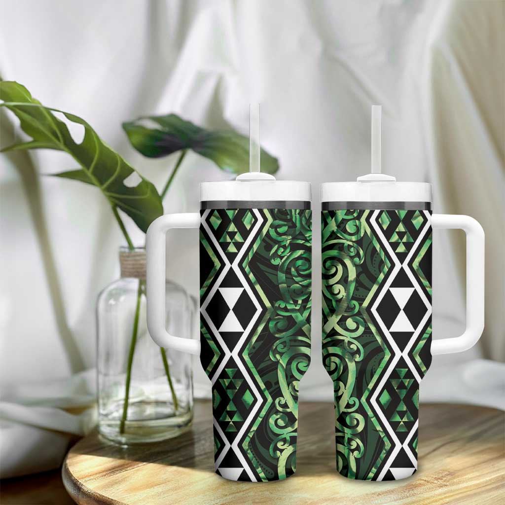 Green Aotearoa Tumbler With Handle Taniko Motifs With Paua Shell Kowhaiwhai