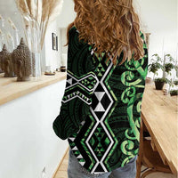 Green Aotearoa Women Casual Shirt Taniko Motifs With Paua Shell Kowhaiwhai LT14 - Polynesian Pride