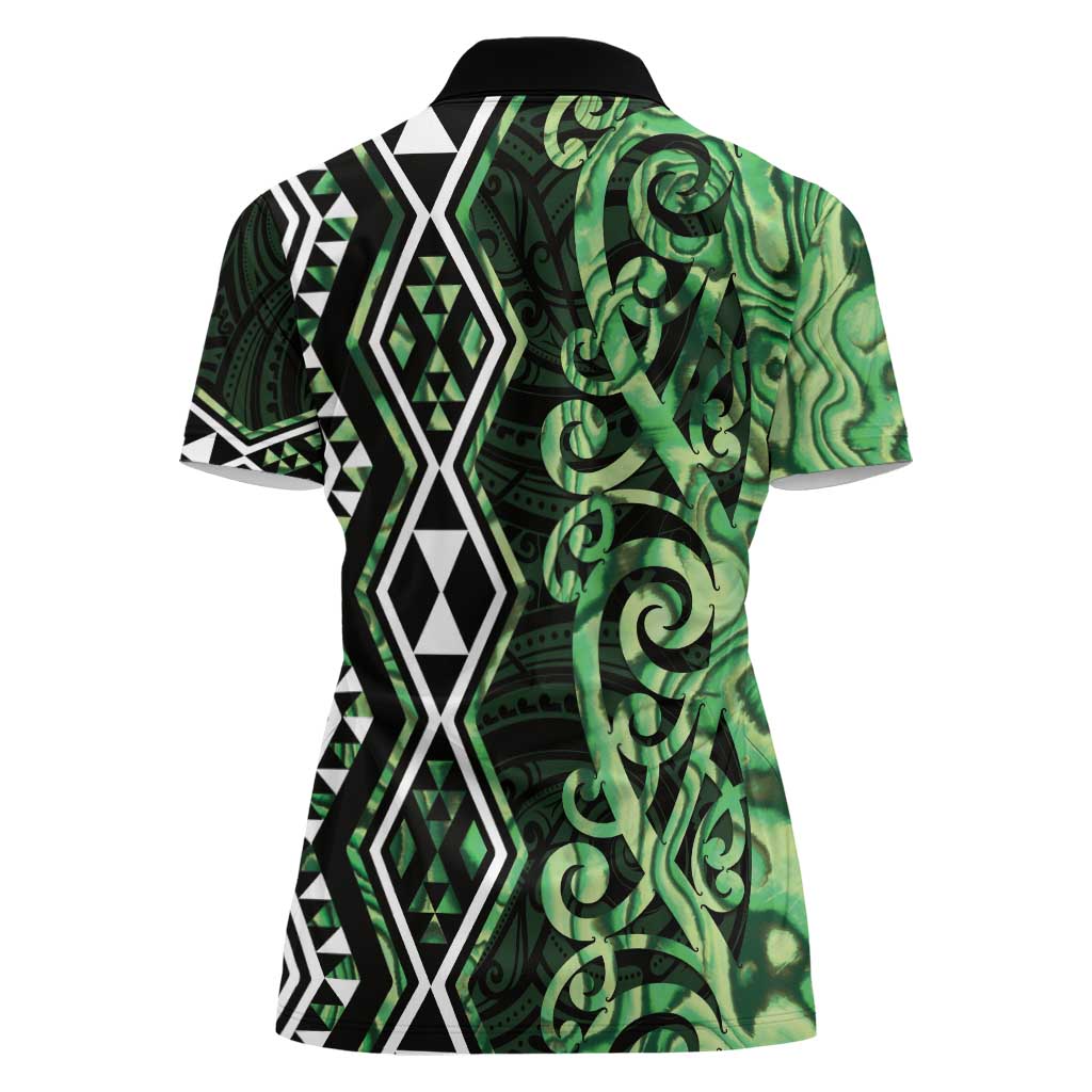 Green Aotearoa Women Polo Shirt Taniko Motifs With Paua Shell Kowhaiwhai