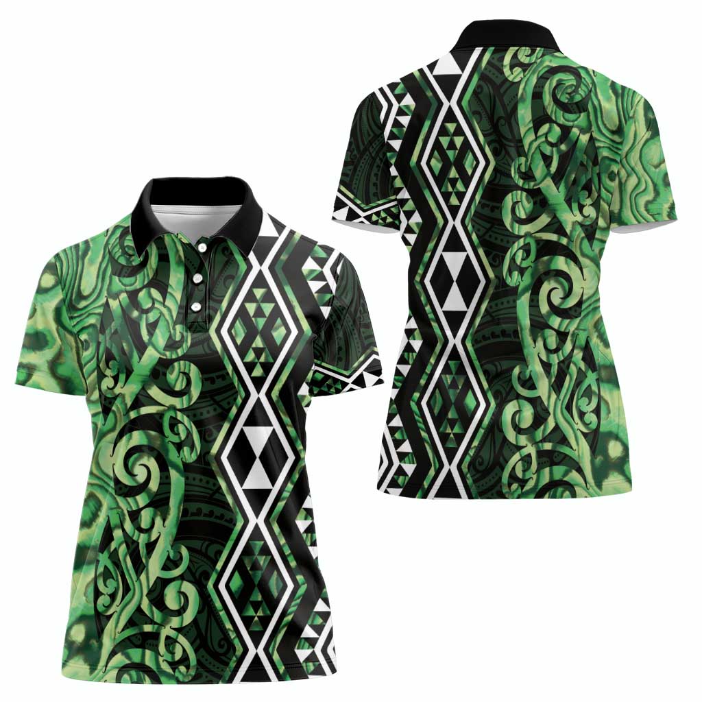 Green Aotearoa Women Polo Shirt Taniko Motifs With Paua Shell Kowhaiwhai
