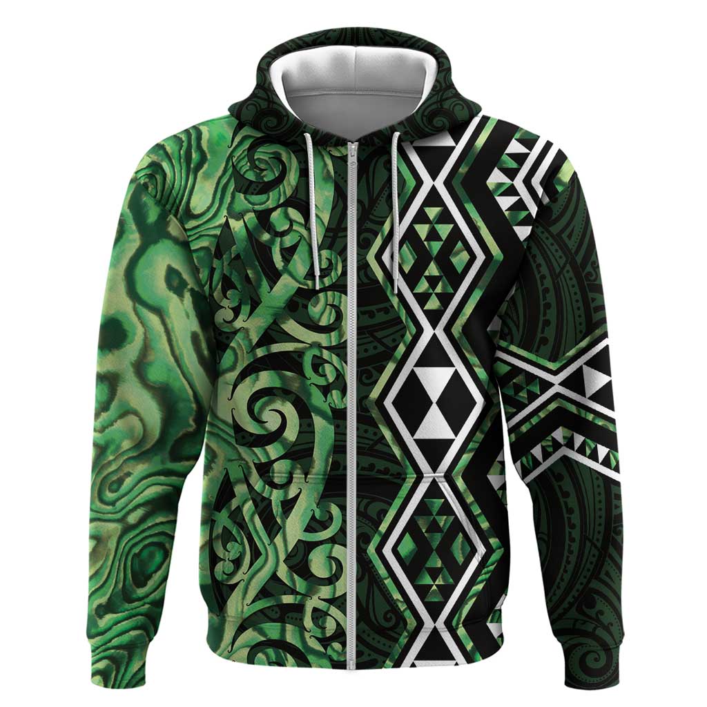 Green Aotearoa Zip Hoodie Taniko Motifs With Paua Shell Kowhaiwhai