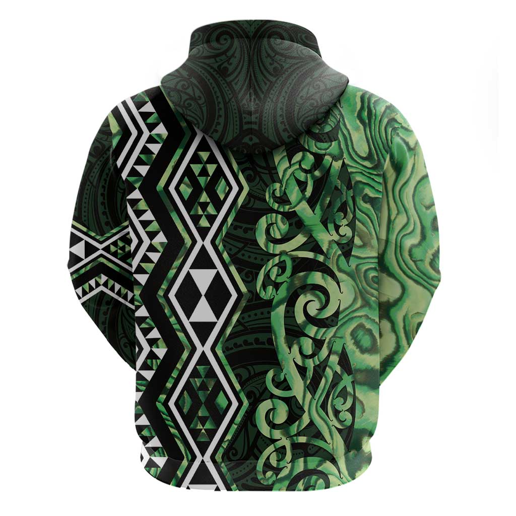Green Aotearoa Zip Hoodie Taniko Motifs With Paua Shell Kowhaiwhai