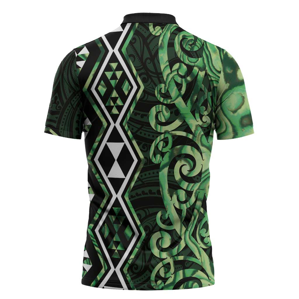 Green Aotearoa Zipper Polo Shirt Taniko Motifs With Paua Shell Kowhaiwhai - Polynesian Pride