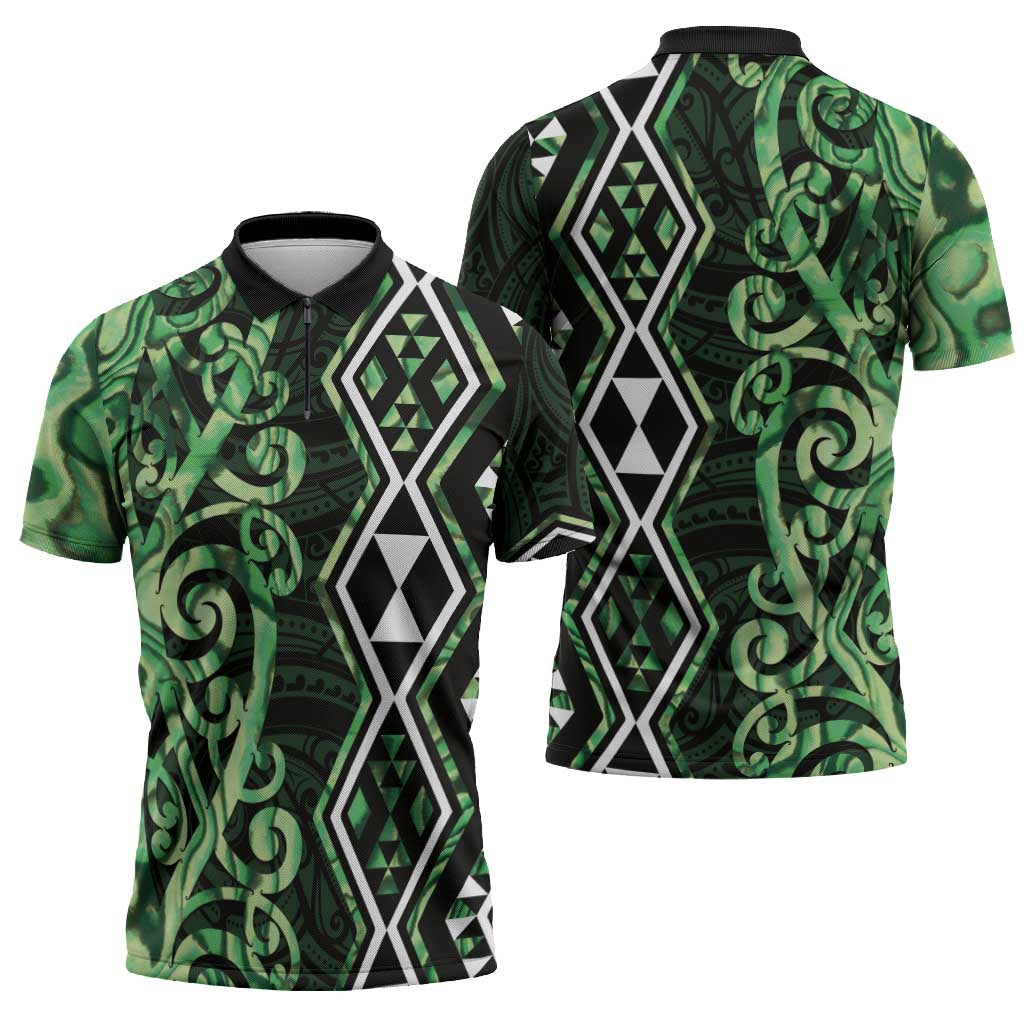 Green Aotearoa Zipper Polo Shirt Taniko Motifs With Paua Shell Kowhaiwhai - Polynesian Pride