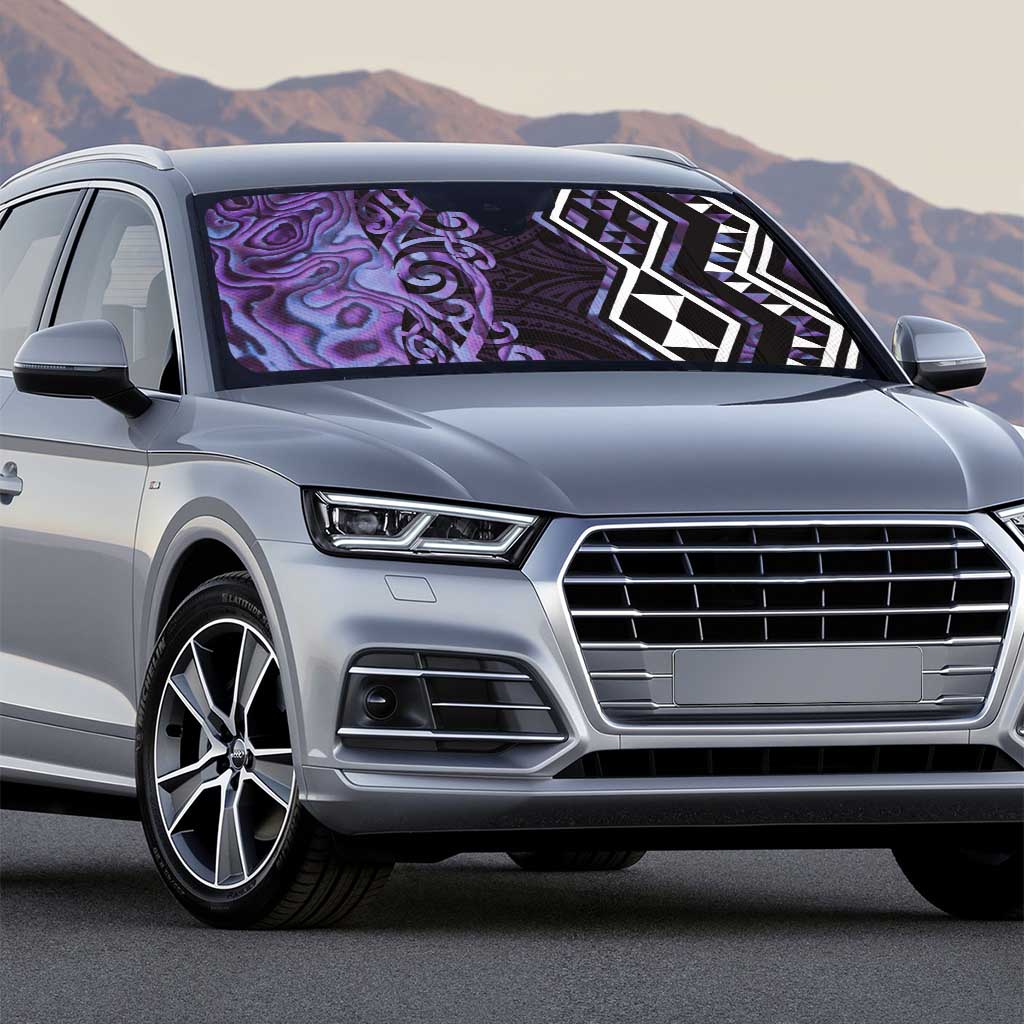 Purple Aotearoa Auto Sun Shade Taniko Motifs With Paua Shell Kowhaiwhai - Polynesian Pride