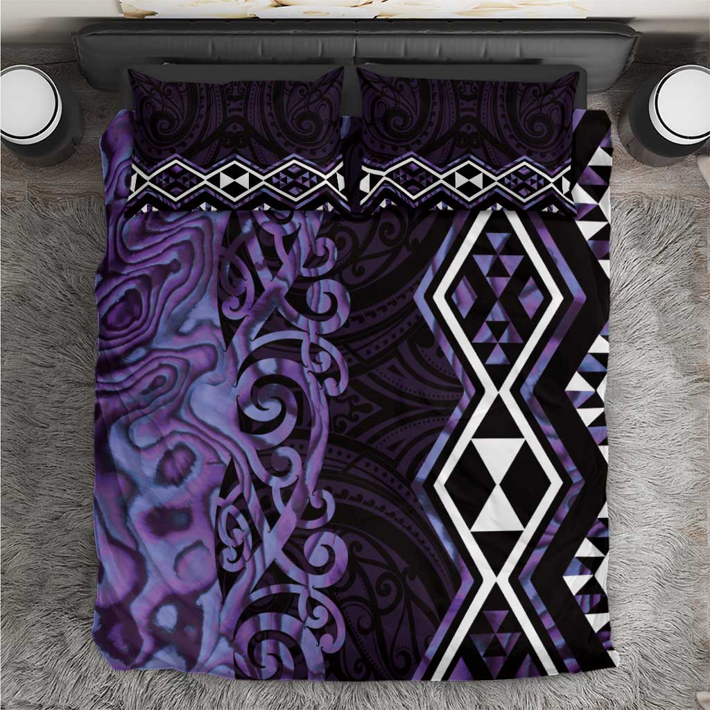 Purple Aotearoa Bedding Set Taniko Motifs With Paua Shell Kowhaiwhai