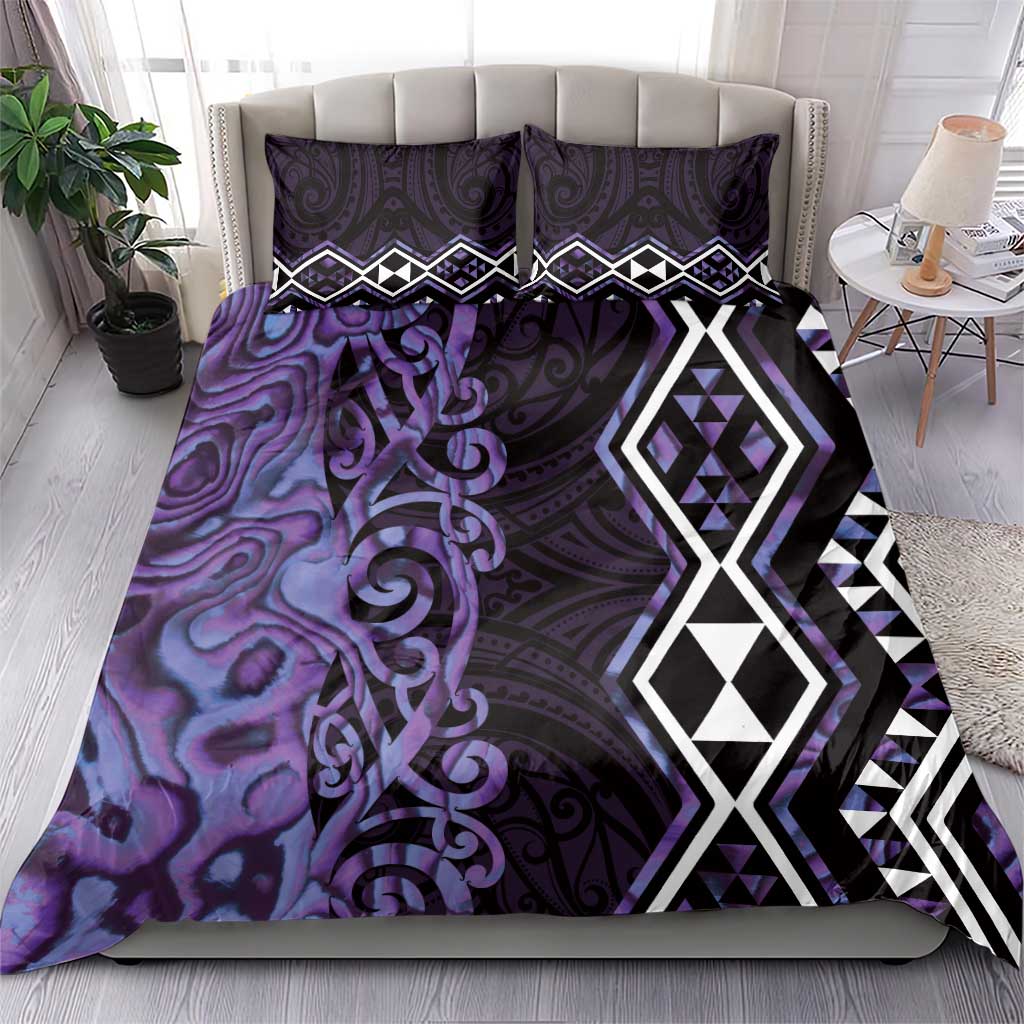 Purple Aotearoa Bedding Set Taniko Motifs With Paua Shell Kowhaiwhai