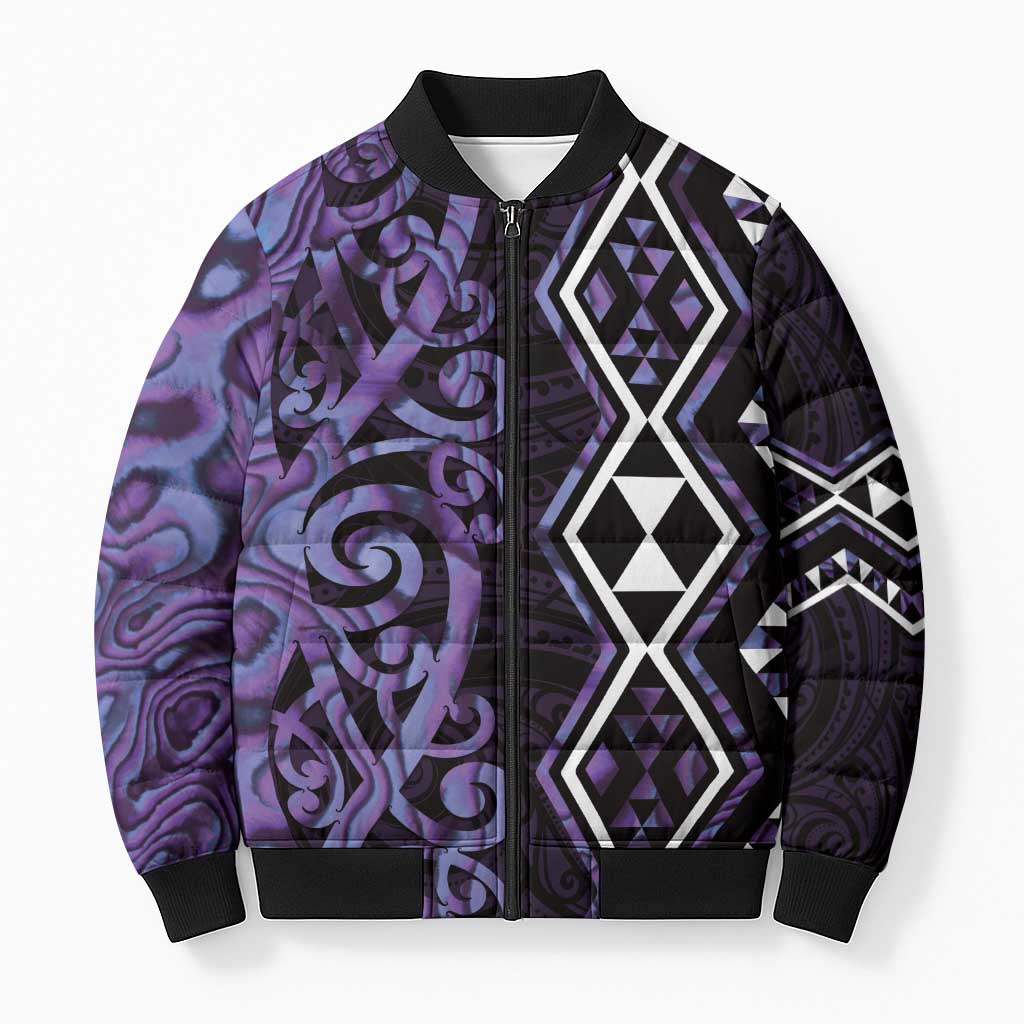 Purple Aotearoa Bomber Puffer Jacket Taniko Motifs With Paua Shell Kowhaiwhai - Polynesian Pride