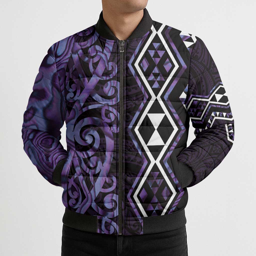 Purple Aotearoa Bomber Puffer Jacket Taniko Motifs With Paua Shell Kowhaiwhai - Polynesian Pride