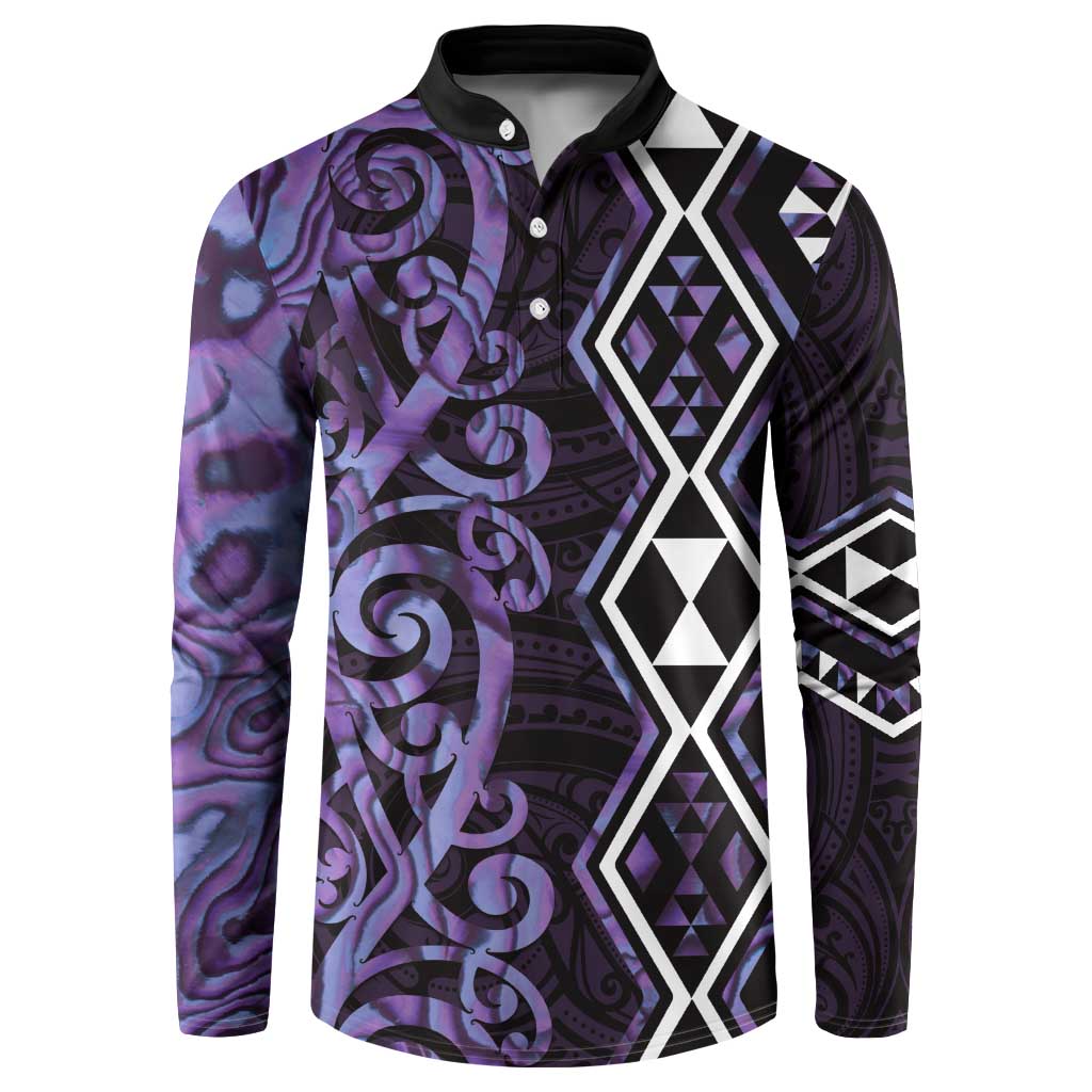Purple Aotearoa Button Sweatshirt Taniko Motifs With Paua Shell Kowhaiwhai