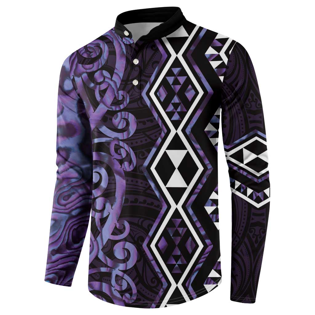 Purple Aotearoa Button Sweatshirt Taniko Motifs With Paua Shell Kowhaiwhai