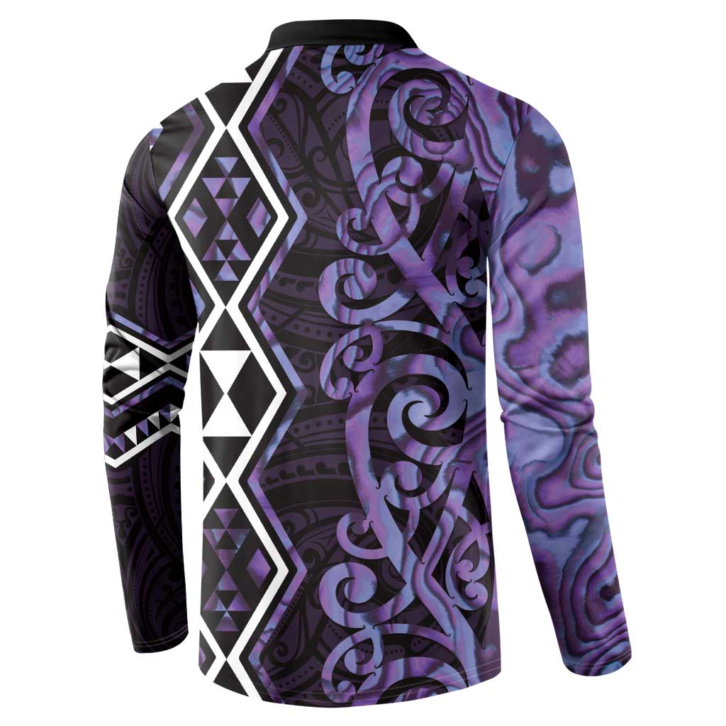 Purple Aotearoa Button Sweatshirt Taniko Motifs With Paua Shell Kowhaiwhai