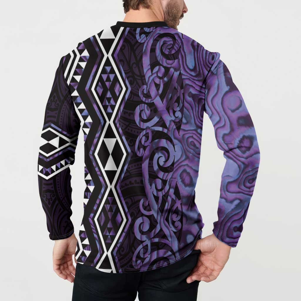 Purple Aotearoa Button Sweatshirt Taniko Motifs With Paua Shell Kowhaiwhai