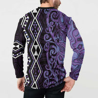Purple Aotearoa Button Sweatshirt Taniko Motifs With Paua Shell Kowhaiwhai