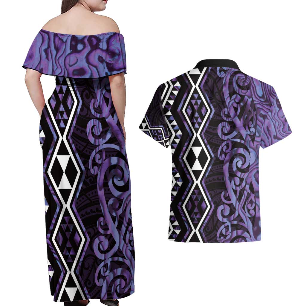 Purple Aotearoa Couples Matching Off Shoulder Maxi Dress and Hawaiian Shirt Taniko Motifs With Paua Shell Kowhaiwhai