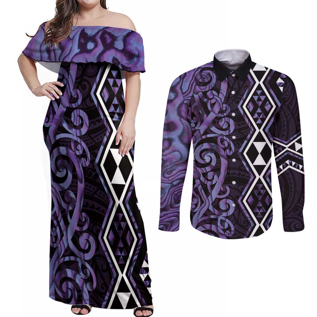 Purple Aotearoa Couples Matching Off Shoulder Maxi Dress and Long Sleeve Button Shirt Taniko Motifs With Paua Shell Kowhaiwhai LT14 Purple - Polynesian Pride
