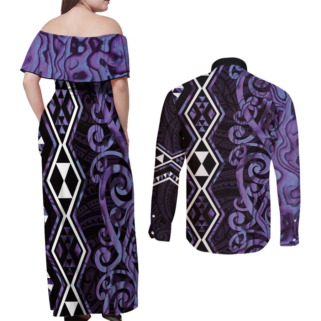 Purple Aotearoa Couples Matching Off Shoulder Maxi Dress and Long Sleeve Button Shirt Taniko Motifs With Paua Shell Kowhaiwhai LT14 - Polynesian Pride