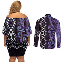 Purple Aotearoa Couples Matching Off Shoulder Short Dress and Long Sleeve Button Shirt Taniko Motifs With Paua Shell Kowhaiwhai LT14 - Polynesian Pride