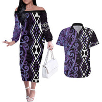 Purple Aotearoa Couples Matching Off The Shoulder Long Sleeve Dress and Hawaiian Shirt Taniko Motifs With Paua Shell Kowhaiwhai