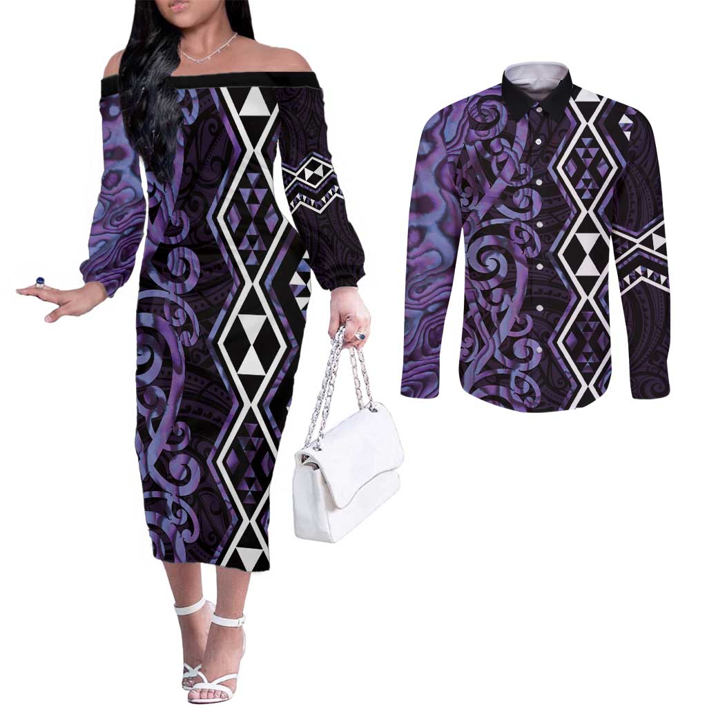Purple Aotearoa Couples Matching Off The Shoulder Long Sleeve Dress and Long Sleeve Button Shirt Taniko Motifs With Paua Shell Kowhaiwhai LT14 Purple - Polynesian Pride