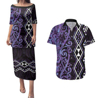 Purple Aotearoa Couples Matching Puletasi and Hawaiian Shirt Taniko Motifs With Paua Shell Kowhaiwhai LT14 Purple - Polynesian Pride