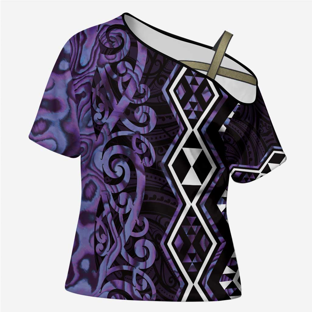 Purple Aotearoa Cross Shoulder Shirt Taniko Motifs With Paua Shell Kowhaiwhai - Polynesian Pride