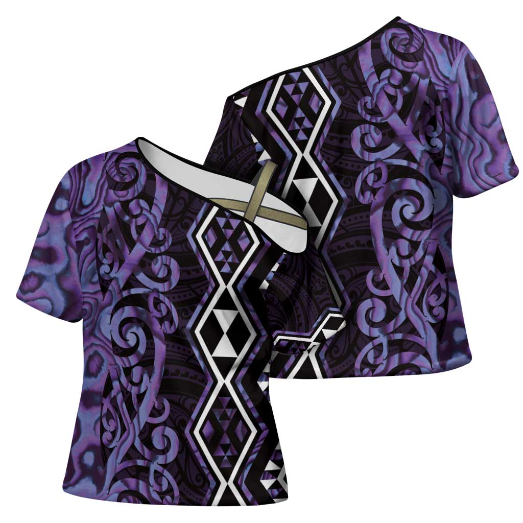 Purple Aotearoa Cross Shoulder Shirt Taniko Motifs With Paua Shell Kowhaiwhai - Polynesian Pride