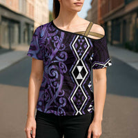 Purple Aotearoa Cross Shoulder Shirt Taniko Motifs With Paua Shell Kowhaiwhai - Polynesian Pride