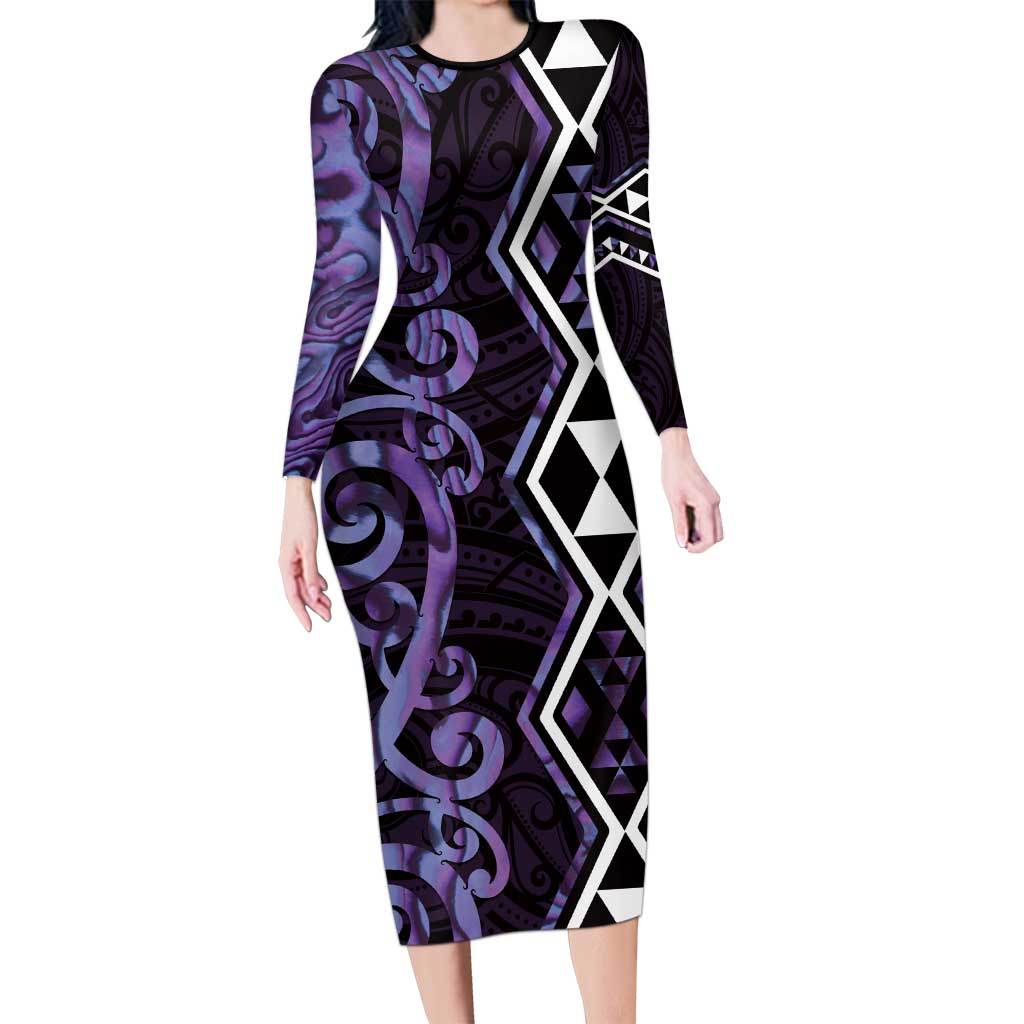 Purple Aotearoa Family Matching Long Sleeve Bodycon Dress and Hawaiian Shirt Taniko Motifs With Paua Shell Kowhaiwhai LT14 Mom's Dress Purple - Polynesian Pride