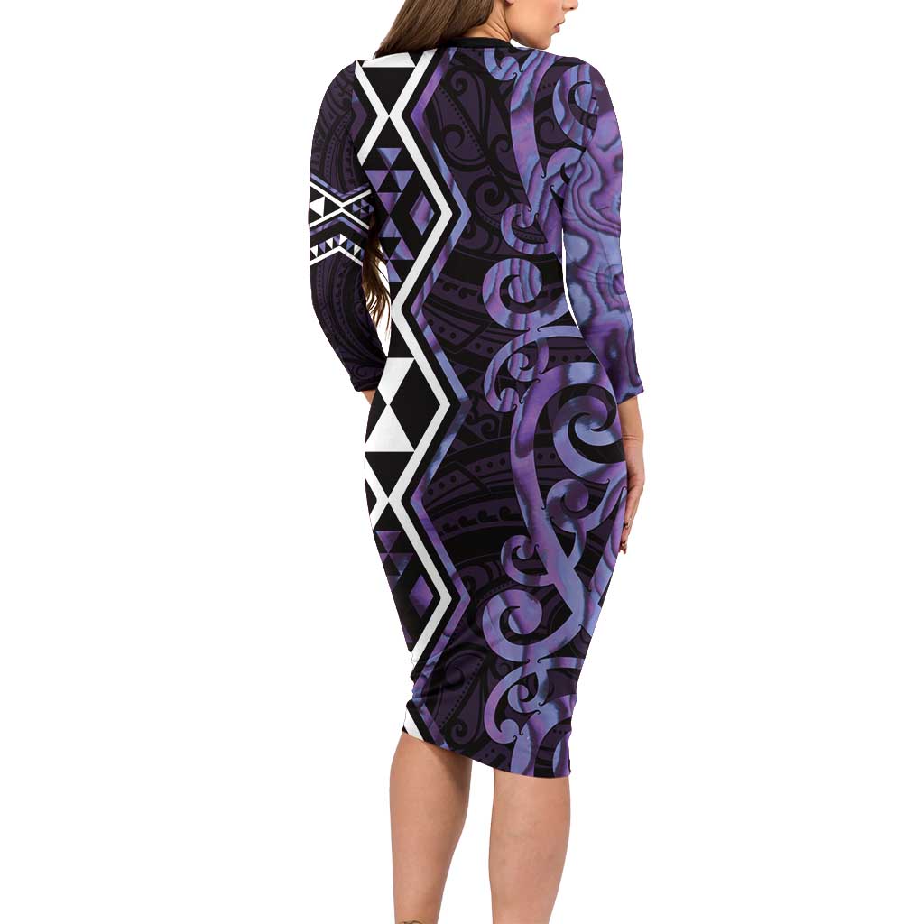 Purple Aotearoa Family Matching Long Sleeve Bodycon Dress and Hawaiian Shirt Taniko Motifs With Paua Shell Kowhaiwhai LT14 - Polynesian Pride