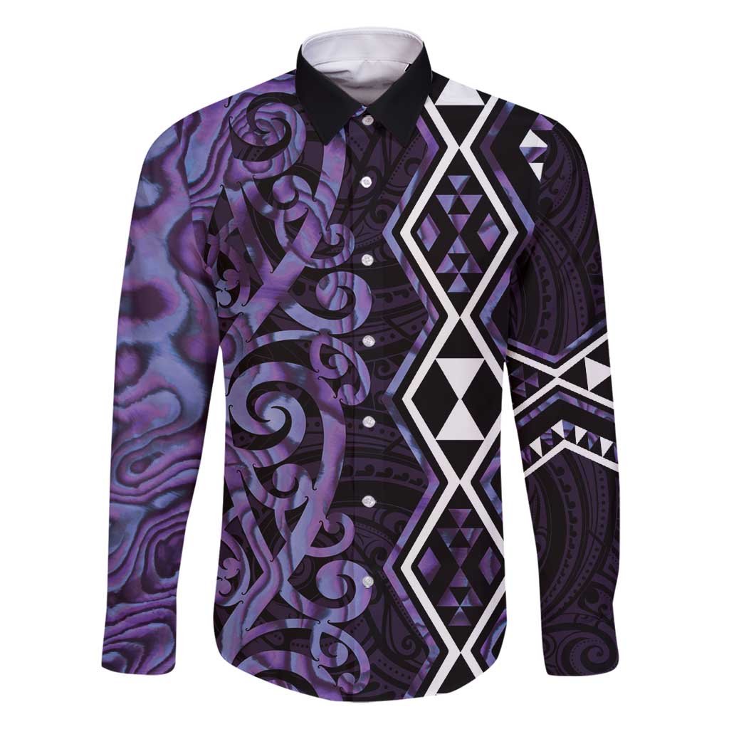 Purple Aotearoa Family Matching Mermaid Dress and Hawaiian Shirt Taniko Motifs With Paua Shell Kowhaiwhai LT14 Dad's Shirt - Long Sleeve Purple - Polynesian Pride