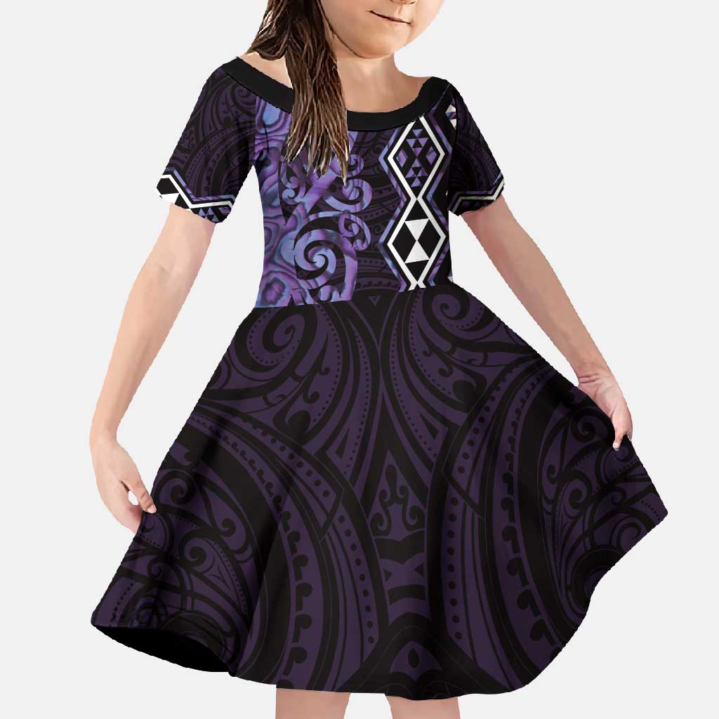 Purple Aotearoa Family Matching Off Shoulder Maxi Dress and Hawaiian Shirt Taniko Motifs With Paua Shell Kowhaiwhai LT14 Daughter's Dress Purple - Polynesian Pride