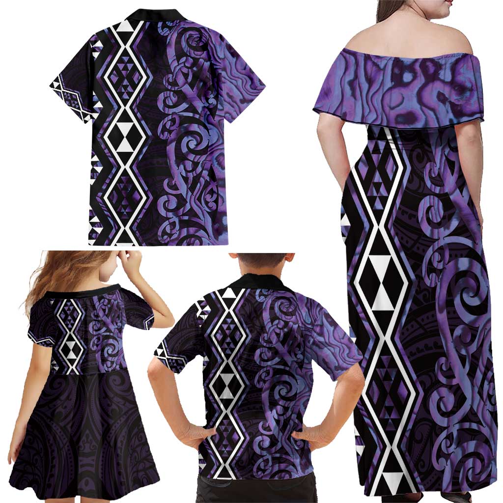 Purple Aotearoa Family Matching Off Shoulder Maxi Dress and Hawaiian Shirt Taniko Motifs With Paua Shell Kowhaiwhai LT14 - Polynesian Pride