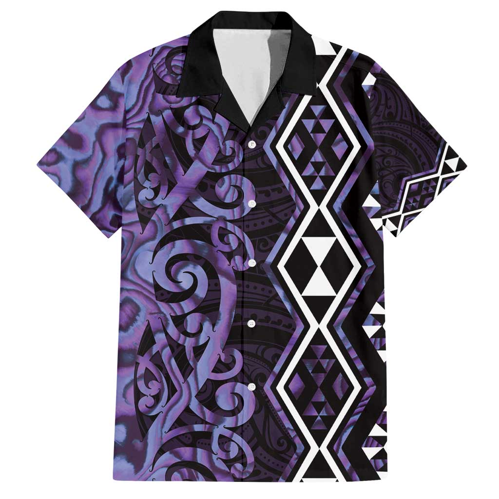 Purple Aotearoa Family Matching Off Shoulder Maxi Dress and Hawaiian Shirt Taniko Motifs With Paua Shell Kowhaiwhai LT14 Dad's Shirt - Short Sleeve Purple - Polynesian Pride