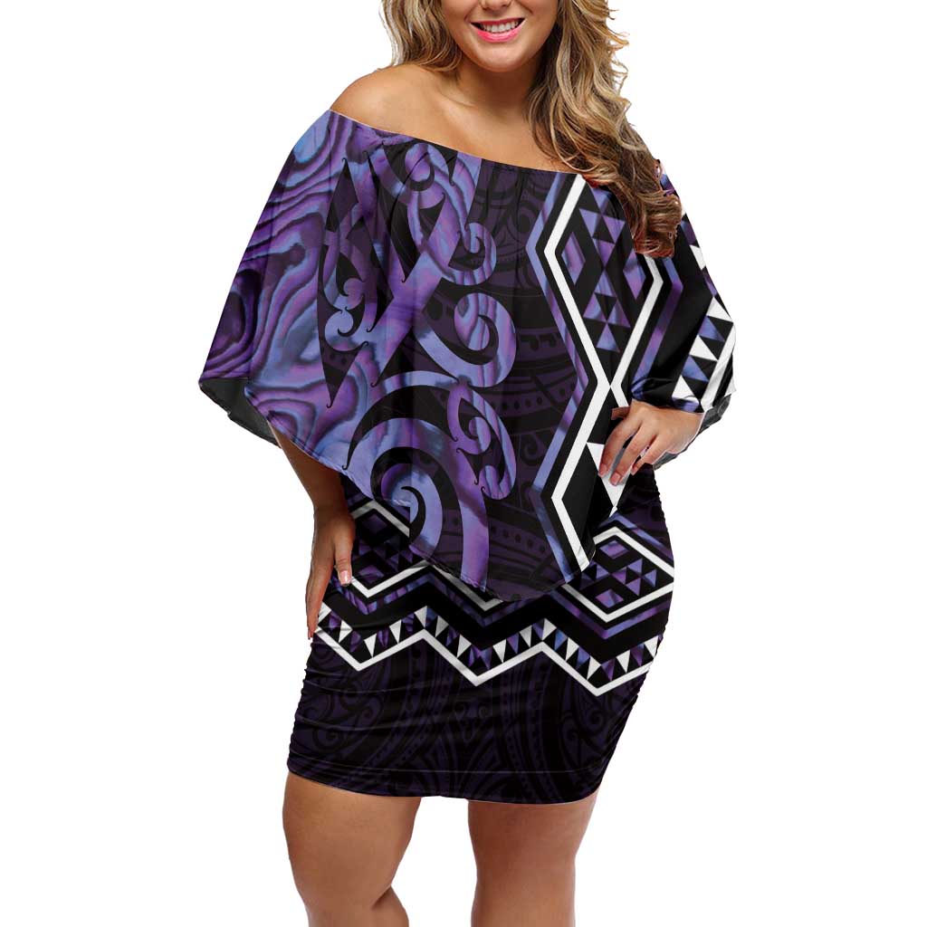 Purple Aotearoa Family Matching Off Shoulder Short Dress and Hawaiian Shirt Taniko Motifs With Paua Shell Kowhaiwhai LT14 Mom's Dress Purple - Polynesian Pride