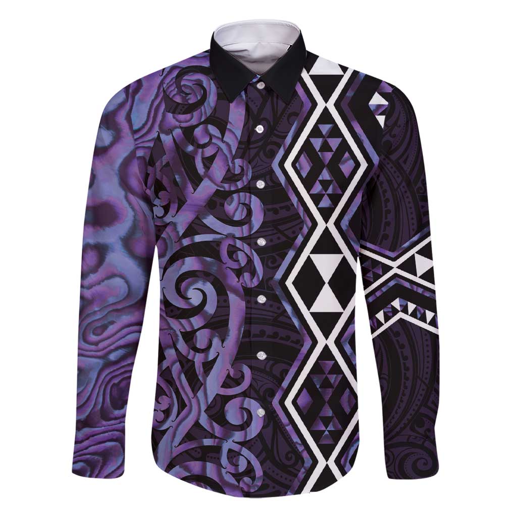 Purple Aotearoa Family Matching Short Sleeve Bodycon Dress and Hawaiian Shirt Taniko Motifs With Paua Shell Kowhaiwhai LT14 Dad's Shirt - Long Sleeve Purple - Polynesian Pride