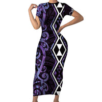 Purple Aotearoa Family Matching Short Sleeve Bodycon Dress and Hawaiian Shirt Taniko Motifs With Paua Shell Kowhaiwhai LT14 Mom's Dress Purple - Polynesian Pride