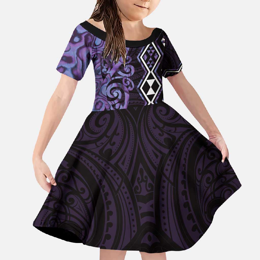 Purple Aotearoa Family Matching Summer Maxi Dress and Hawaiian Shirt Taniko Motifs With Paua Shell Kowhaiwhai LT14 Daughter's Dress Purple - Polynesian Pride