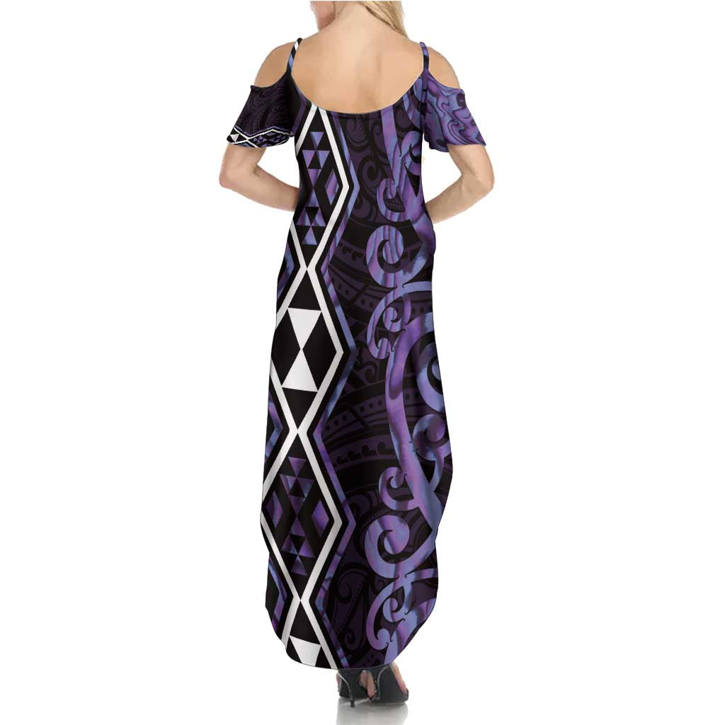 Purple Aotearoa Family Matching Summer Maxi Dress and Hawaiian Shirt Taniko Motifs With Paua Shell Kowhaiwhai LT14 - Polynesian Pride