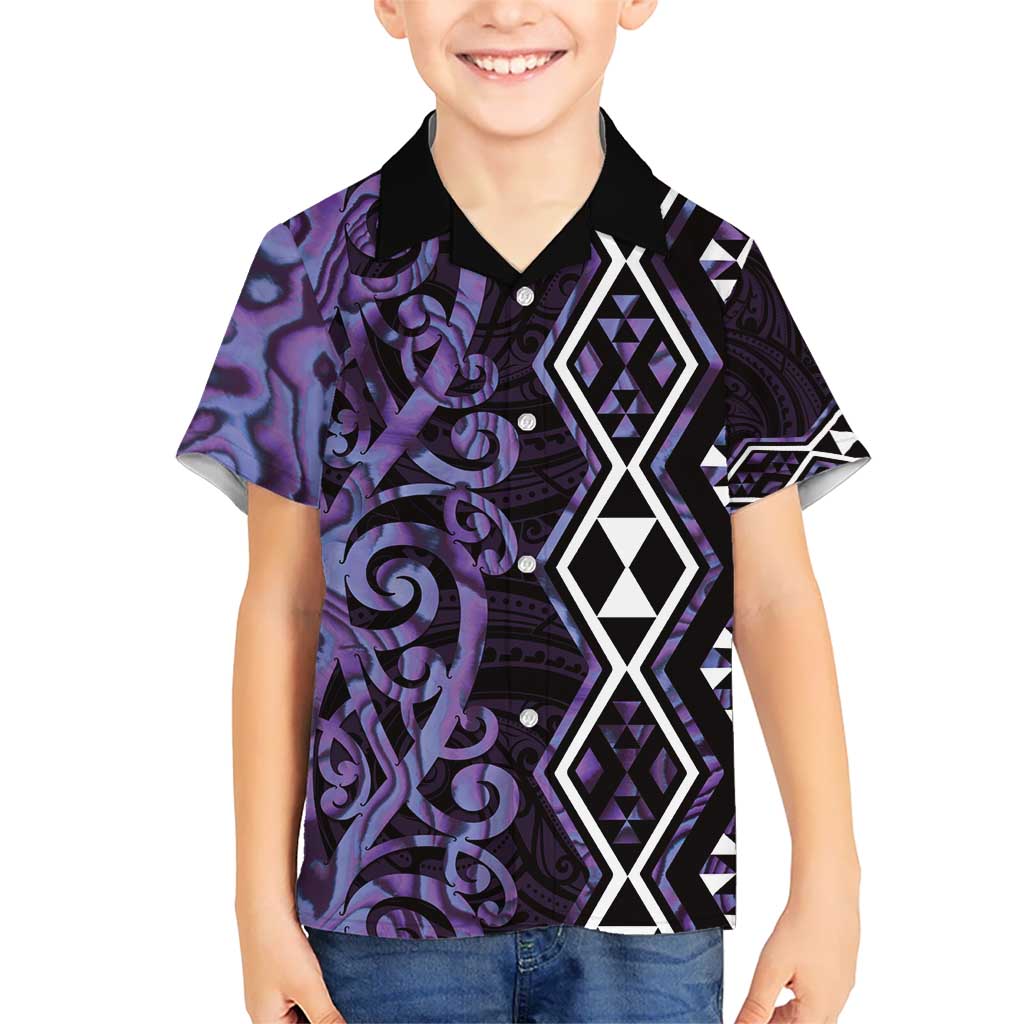 Purple Aotearoa Kid Hawaiian Shirt Taniko Motifs With Paua Shell Kowhaiwhai LT14 Kid Purple - Polynesian Pride