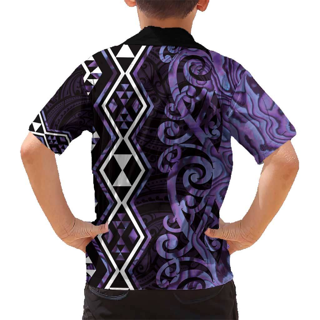 Purple Aotearoa Kid Hawaiian Shirt Taniko Motifs With Paua Shell Kowhaiwhai LT14 - Polynesian Pride